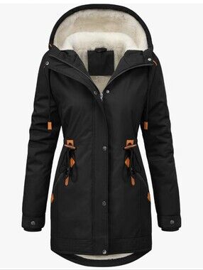 Black Women's Hooded Trench Coat with Faux Fur Lining